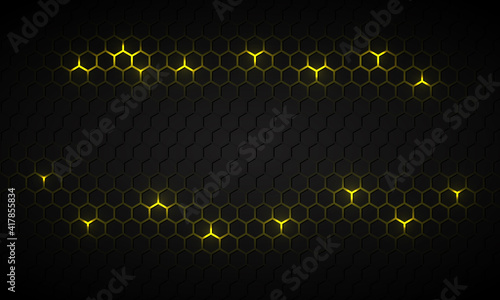 Black hexagonal technology abstract vector background with yellow bright energy flashes under hexagon. Dark honeycomb texture grid in tech futuristic background.