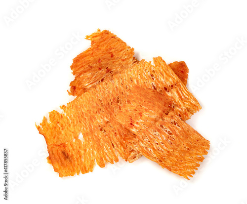 sweet and spicy crushed dried squid isolated on white background