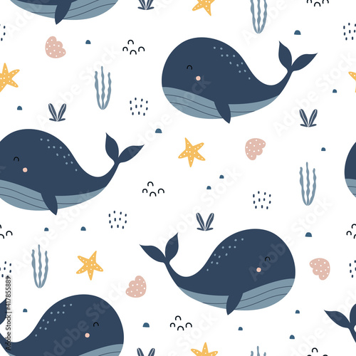 Blue whale with coral in the sea Cute cartoon background seamless pattern The design used for Textile, Clothing Pattern, Print, Wallpaper, Vector Illustration.