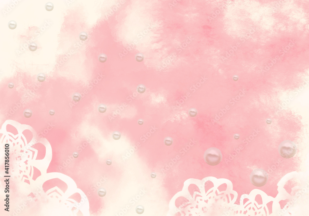 レトロローズの水彩グラデーションに白いレースの花と真珠の雨粒・抽象背景イラスト