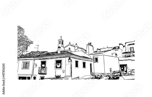Building view with landmark of Evora is the
city in Portugal. Hand drawn sketch illustration in vector.