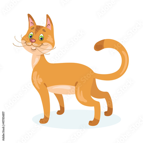 Cute funny kitten turns around. In cartoon style. Isolated on white  background. Vector flat illustration.