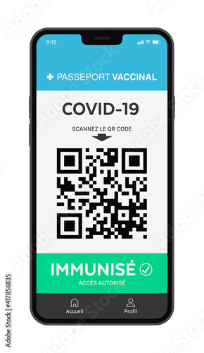 Application mobile de passeport vaccinal avec un QR Code le resultat Immunisé