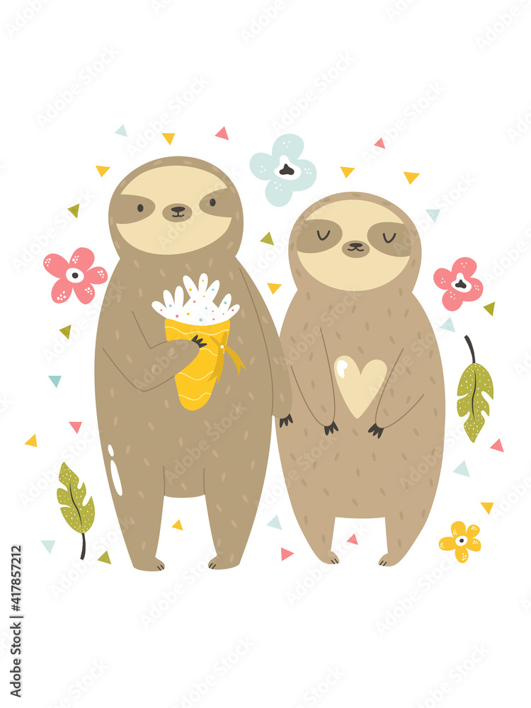 Fototapeta premium Funny illustration of two sloths in love.