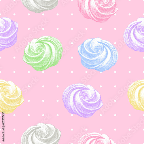 seamless pattern with color airy french cookies meringues twirls, marshmallow, zephyr. Vector in graphic vintage retro style. sweetness, sweet cake.