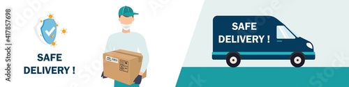 Safe delivery. Delivery by truck. A courier wearing a medical mask delivers a parcel to quarantine. Safe delivery concept with social distance. Vector illustration
