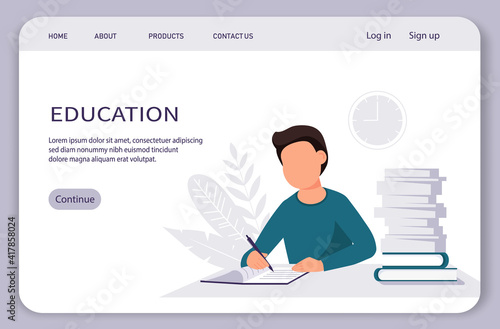 Man with books, studying or working concept. Vector flat illustration