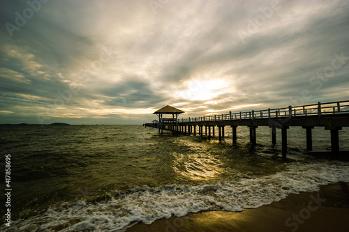 wood bridge in evening at Casaluna village in Thailand   wooden pier on the beach  Wooded bridge in the port between sunrise.