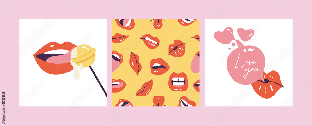 Vector illustration female mouths. Colorful lipstick. Various of mimic, emotions, facial expressions. Poster for print. Seamless pattern.
