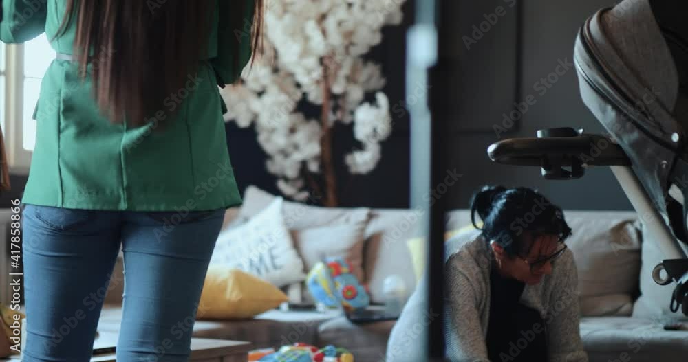 custom made wallpaper toronto digitalGirl getting ready for live broadcast while grandma keeps grandson in the same room, home studios for live video streaming. Living room, family business