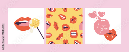 Vector illustration female mouths. Colorful lipstick. Various of mimic, emotions, facial expressions. Poster for print. Seamless pattern.