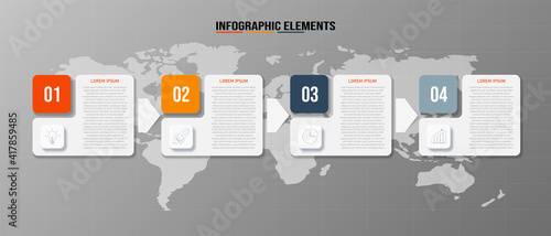 Colorful  rectangular infographics elements, Thin line pictograms, pointers and text box, Concept of business model with 5 successive steps, Modern design template, Steps or processes.