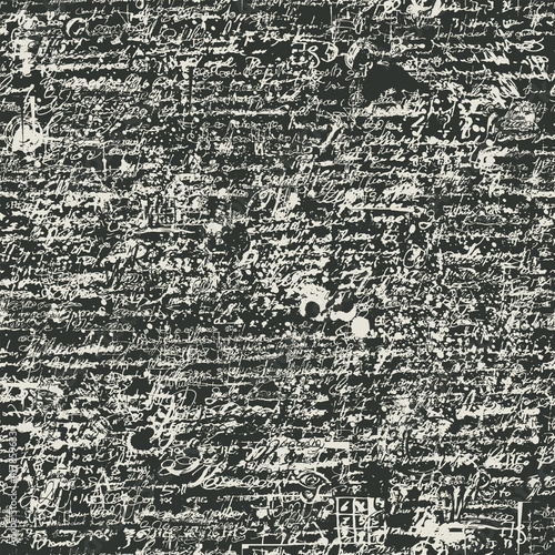 Abstract seamless pattern with handwritten scribbles and ink spots, imitation of script on a dark background. Repetitive vector illustration, suitable for wallpaper, wrapping paper, textiles