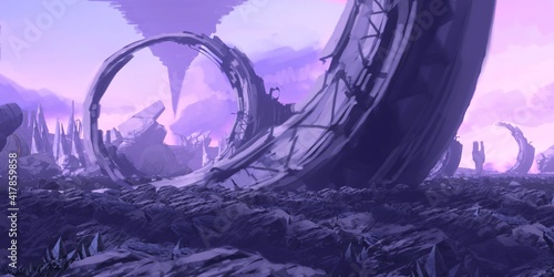 Futuristic scenery. Alien planet. Science fiction theme. Colorful artistic landscape. 2d illustration.