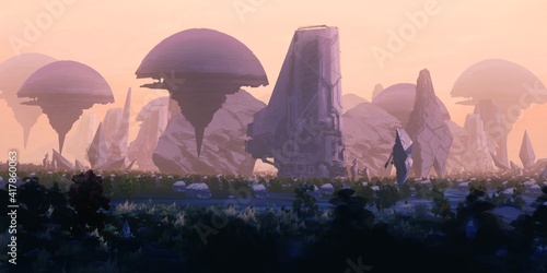 Futuristic scenery. Alien planet. Science fiction theme. Colorful artistic landscape. 2d illustration.