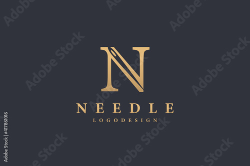 Initial Letter N Logo. Gold Shape Classic N Letter Calligraphy with Negative Space Needle inside isolated on Black Background. Usable for Tailor Logo. Flat Vector Logo Design Template Element.