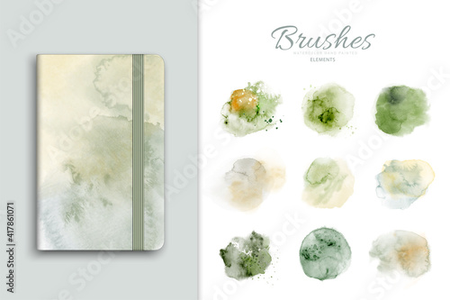 Set of art stains green watercolor splatter elements