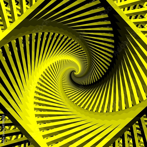 patterns and strong geometric 3D designs from bright yellow shapes on a black background