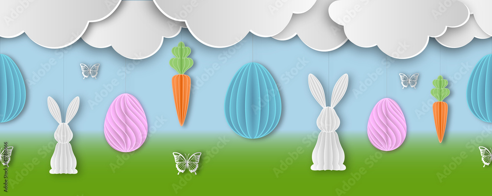 seamless easter banner with paper eggs carrots rabbits and butterflies