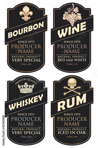 Set of four vector labels for various alcoholic beverages in the figured frames. Black labels for bourbon, wine, whiskey and rum in retro style on a light background