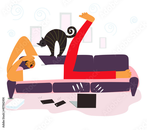 the guy lies on the couch, procrastinates, laziness, idleness, deadline