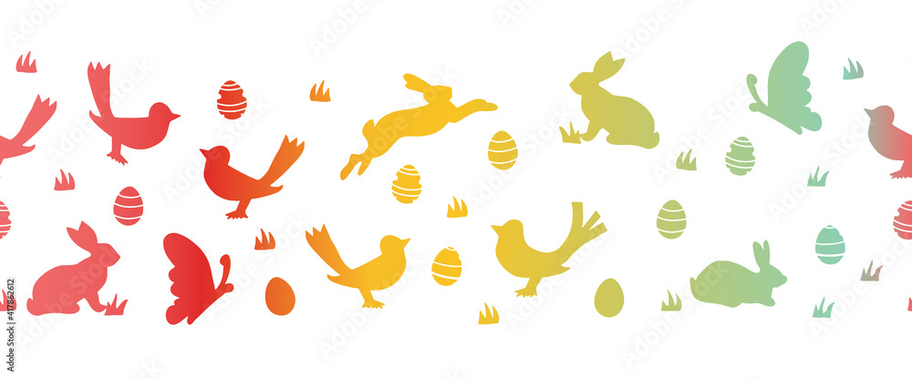 Easter seamless vector border with bunnies butterflies and birds. Repeating horizontal pattern Easter rabbit and eggs silhouettes. Cute border for cards, fabric trim, footer, header, divider, ribbons.
