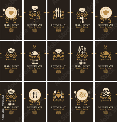 Set of business cards for restaurant or cafe. Black vector visiting cards with icons on the theme of food and drink and place for text in retro style