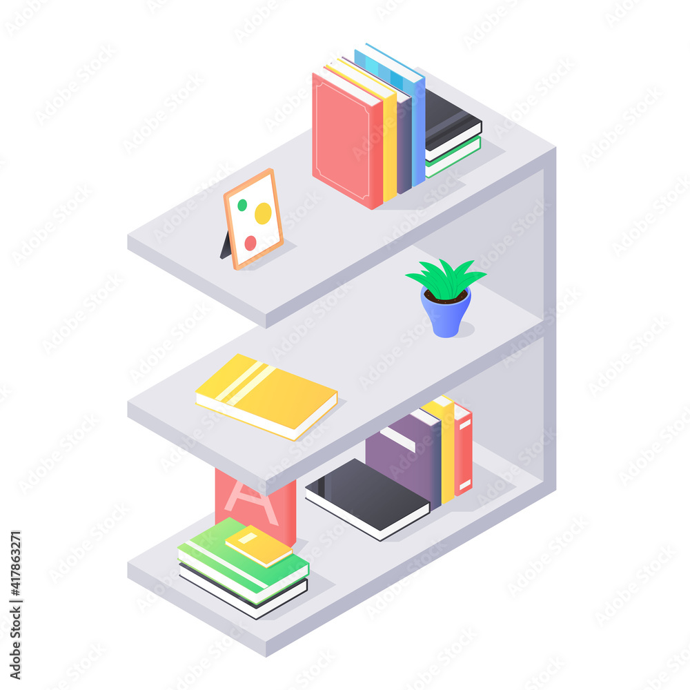 Books and chancellery on gray wooden bookshelf in isometric vector. Stacks of hard cover paper literature in shelf for education home or university interior. Rack with various home studying objects. Books and chancellery on gray wooden bookshelf in isometric vector. Stacks of hard cover paper literature in shelf for education home or university interior. Rack with various home studying objects.