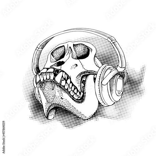Photography Skull monkey in a headphones on a white background
