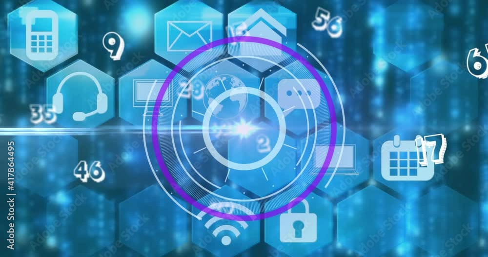 Animation of digital interface showing circular scope with floating numbers and media icons in blue Animation of digital interface showing circular scope with floating numbers and media icons in blue