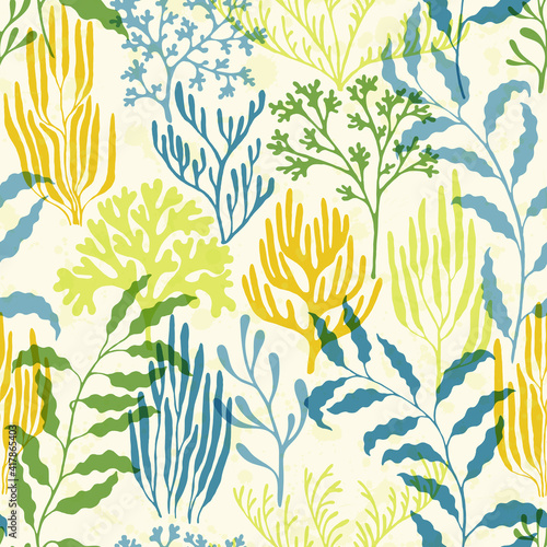Coral reef seamless pattern., Tropical coral reef branch silhouette elements.
