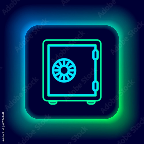Glowing neon line Safe icon isolated on black background. The door safe a bank vault with a combination lock. Reliable Data Protection. Colorful outline concept. Vector.
