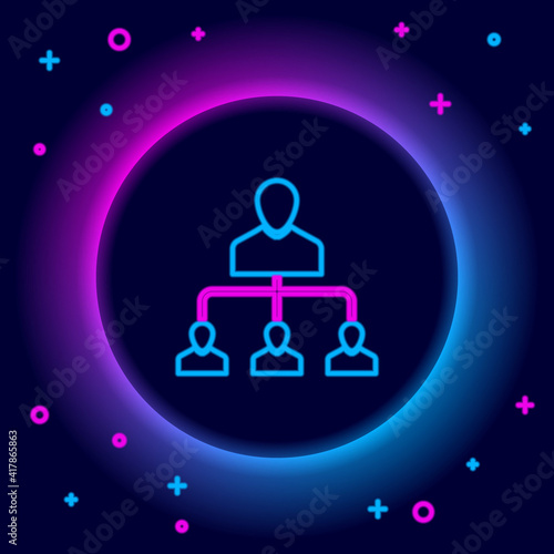 Glowing neon line Referral marketing icon isolated on black background. Network marketing, business partnership, referral program strategy. Colorful outline concept. Vector.