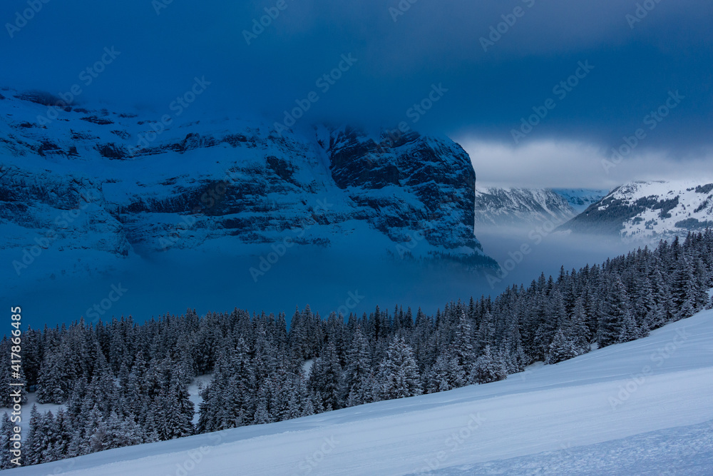 Winter Panorama Lauterbrunnen Tal Nebelmeer Wald mit viel Schnee und Nebeldecke 