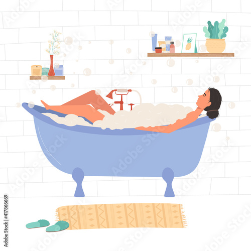 Girl relaxing in bathtub with foam. Young woman spending free time in bathroom in Scandinavian style. Vector illustration of home spa and self-care concept. Candles, flower and personal care products.