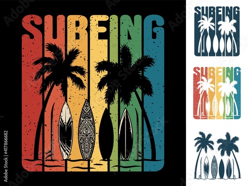 Print set of surfing board and hawaii beach palm. Coast emblem for t-shirt surfingboard designv