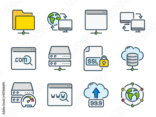 Hosting, Data server and Network storage related vector color line icons. Host infrastructure and Database colorful outline icon set.