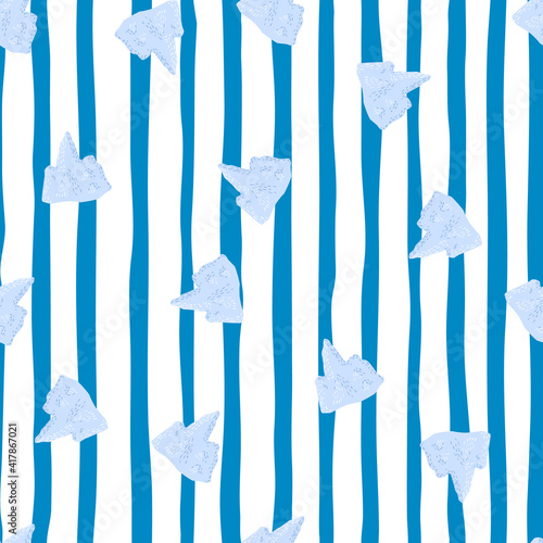 Bright childish seamless pattern in nature style with random little iceberg shapes. Striped white nad blue background.
