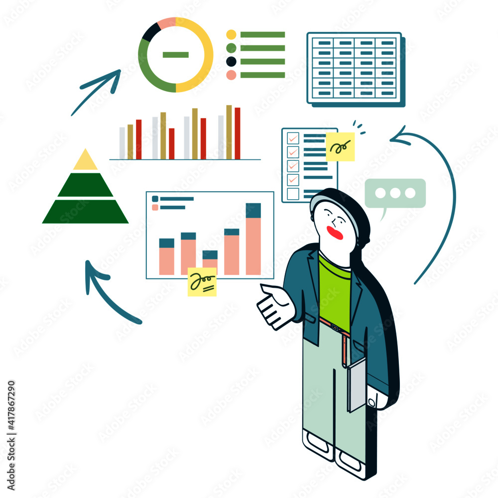 Fototapeta premium ビジネスシーン_いろんなグラフとプレゼン中の女性