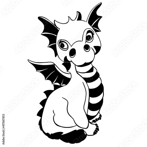 cute young dragon black and white sketch illustration
