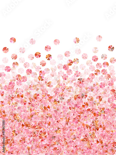 Pink gold sequin confetti scatter vector background. Wedding invitation card background. Chic shining spangle elements party decoration. Romantic bridal confetti texture.