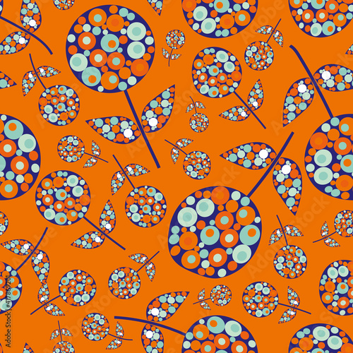 Abstract allium flower seamless vector pattern background. Backdrop of midcentury modern flowers and leaves filled with circle shapes in neon orange blue.Retro floral botanical repeat for wellbeing