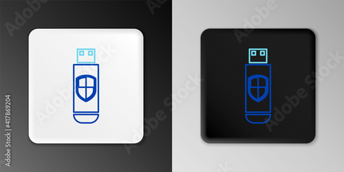Line USB flash drive and protection shield icon isolated on grey background. Colorful outline concept. Vector.
