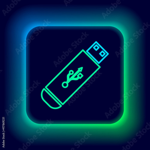 Glowing neon line USB flash drive icon isolated on black background. Colorful outline concept. Vector.