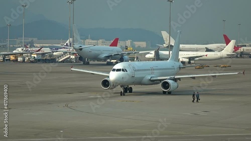 Airplane takeoff at the International Airport in Hong Kong.