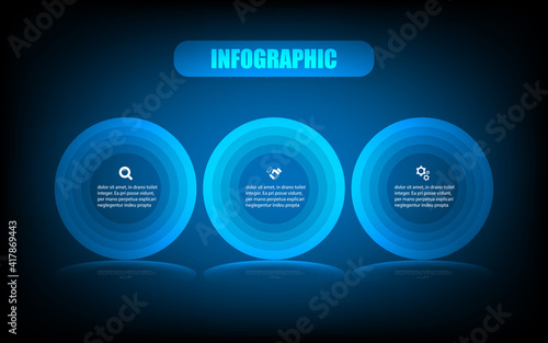 Infographic design overlays multiple circles to create complex dimensions. Presentation business template banner elements and numbers with three options. Business infographic reflection on the ground.