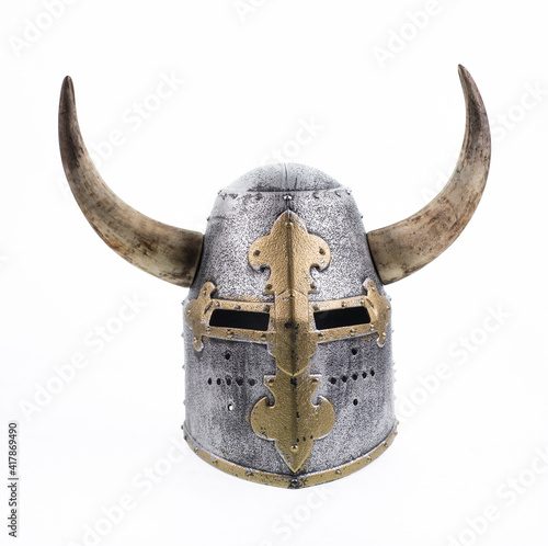 medieval horned helmet isolated on white background