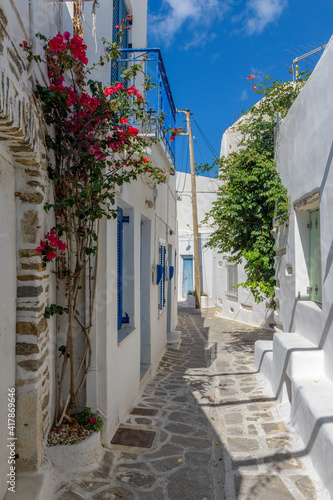 Traditional Cycladitic alley with a narrow street  whitewashed houses and a blooming bougainvillea in Parikia  Paros island  Greece.  