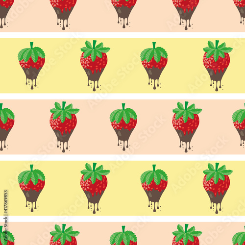 Chocolate dipped strawberry striped seamless vector pattern background. Painterly red berries dripping with melting molten ganache on wide stripes. Fruit confectionery repeat for summer party food