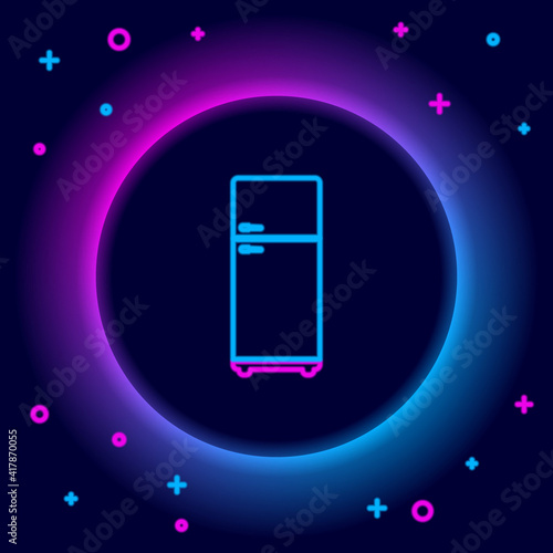 Glowing neon line Refrigerator icon isolated on black background. Fridge freezer refrigerator. Household tech and appliances. Colorful outline concept. Vector.